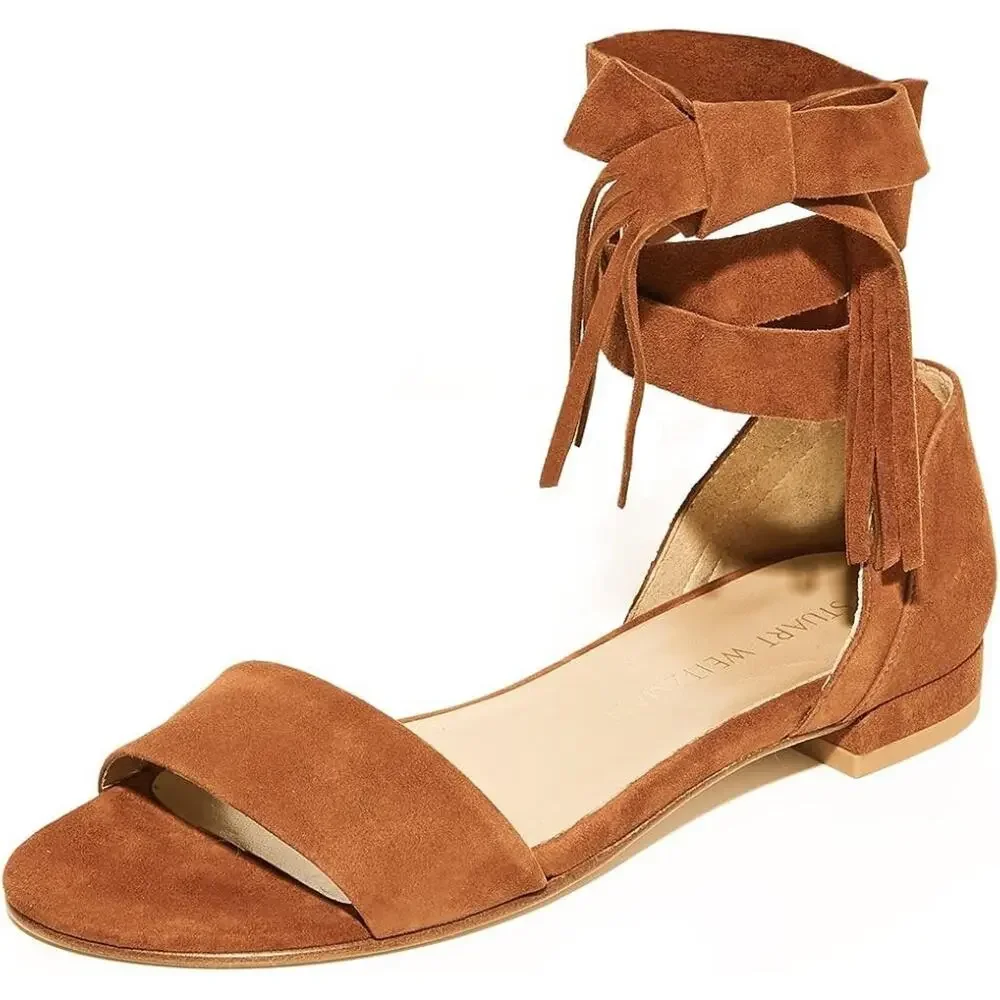 STUART WEITZMAN Brown Suede Corbata Ankle Wrap Sandal Flat 11